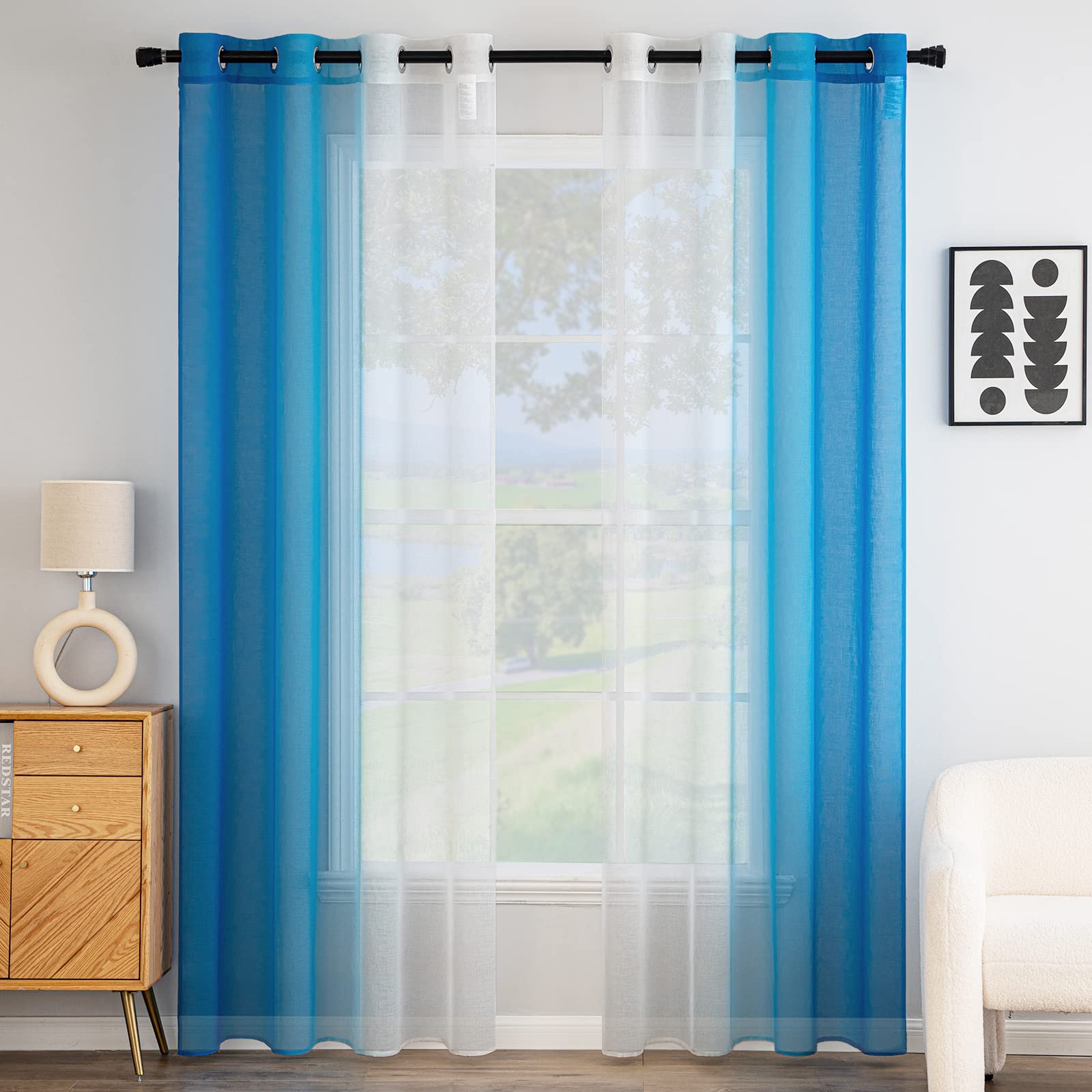 EMEMA Horizontal Gradient Curtain Translucent Modern Gradient Voile for Windows Bedroom Kitchen Living Room 2 Pieces 140 x 215 cm Dark Blue