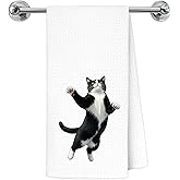 Exqcom Funny Jumping Tuxedo Cat Kitchen Towels, Tuxedo Cat Gifts Dish Tea Towels for Kitchen, Black and White Kitten Kitty Decorative Hand Towels for Bathroom Restroom Washroom Spa Vanity, 16x24 Inch