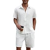 FITMENS Men's 2 Piece Outfits Short Sleeve Button Down Shirts and Drawstring Shorts Summer Beach Hawaiian Sets