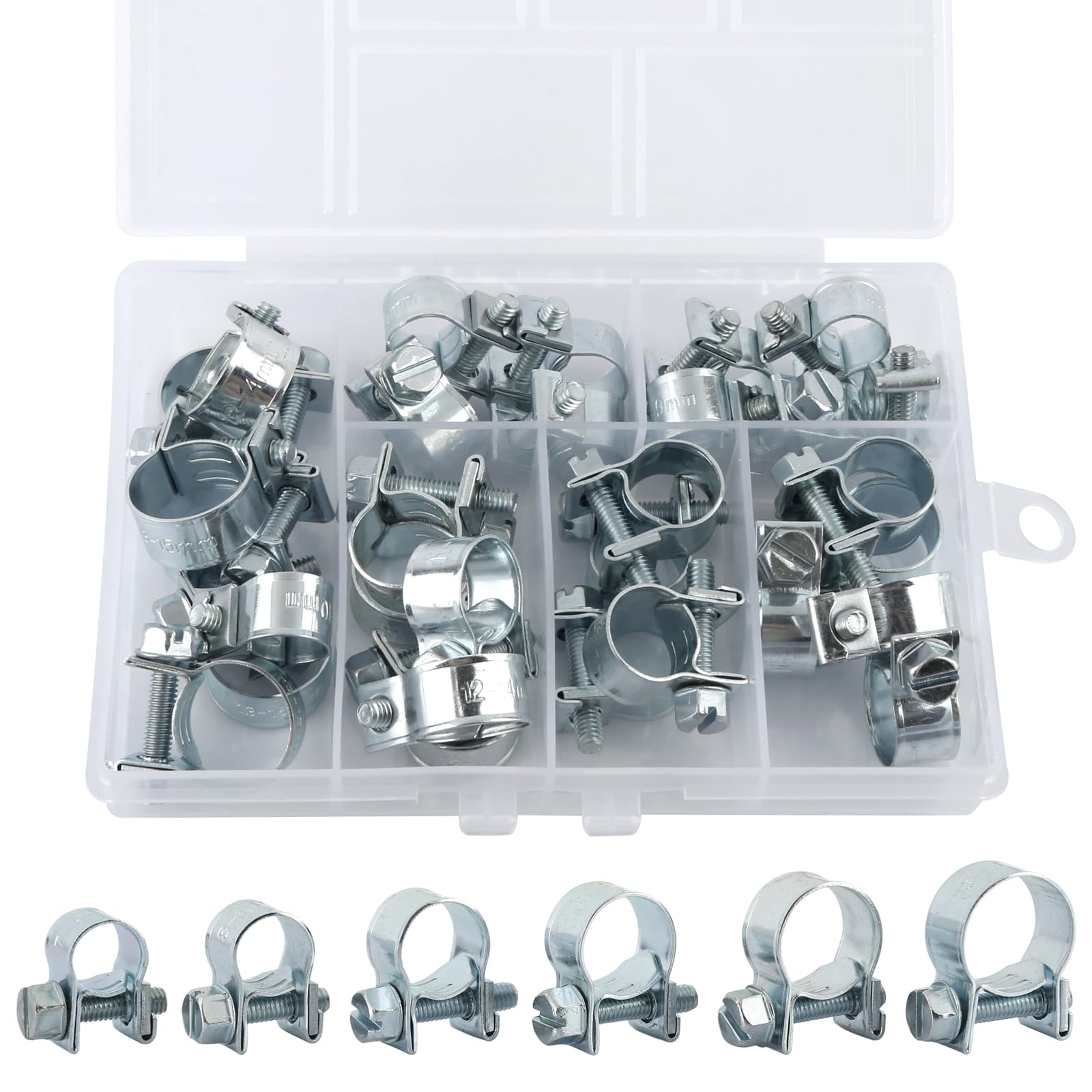 Pack of 30 Mini Hose Clamps, Adjustable Fuel Injection Joint Bolt Clamps, Small Hose Clamps, Strong Pipe Clamps for Mini Fuel Line, Exhaust Pipe, Petrol Pipe (7-15 mm)