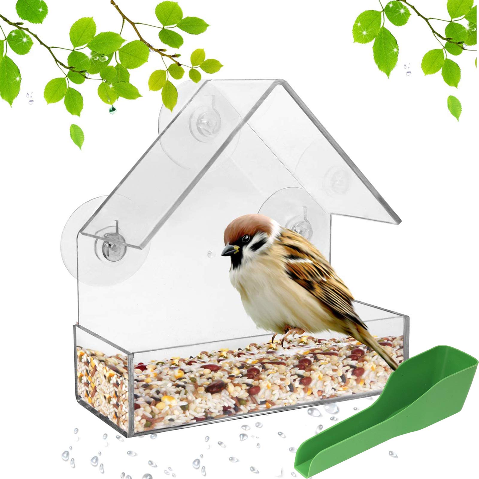 ODOOKON Leisure Window Bird Feeder Outside Acrylic Balcony Window Bird Feeder with Drain Holes and Feeding spoon, Super Strong Suction Cups, High Seed Capacity, Great Gift