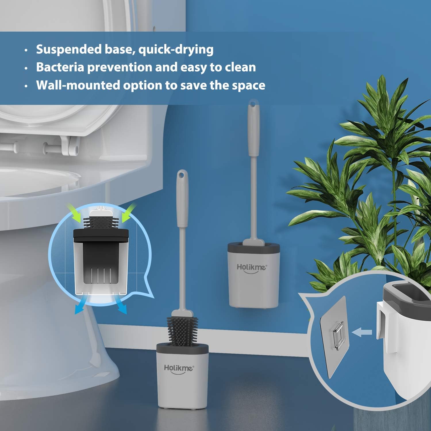 Holikme Silicone Toilet Brush and Holder Set for Bathroom, Deep-Cleaning Toilet Bowl Brush with Non-Slip Long Plastic Handle, Bendable Brush Head to Clean Toilet Corner Easily,Gray: Kitchen & Dining