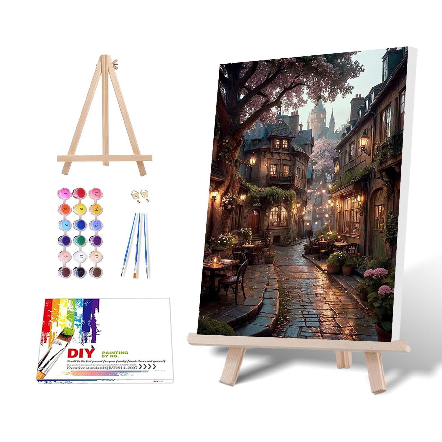 Paint by Numbers Framed with Wooden Easel-Paint by Numbers for Adults,Streetscape Painting by Numbers for Adults,Cafe Adult Paint by Numbers Canvas Kits in Gifts Box,Home Wall Decor 12x16inch