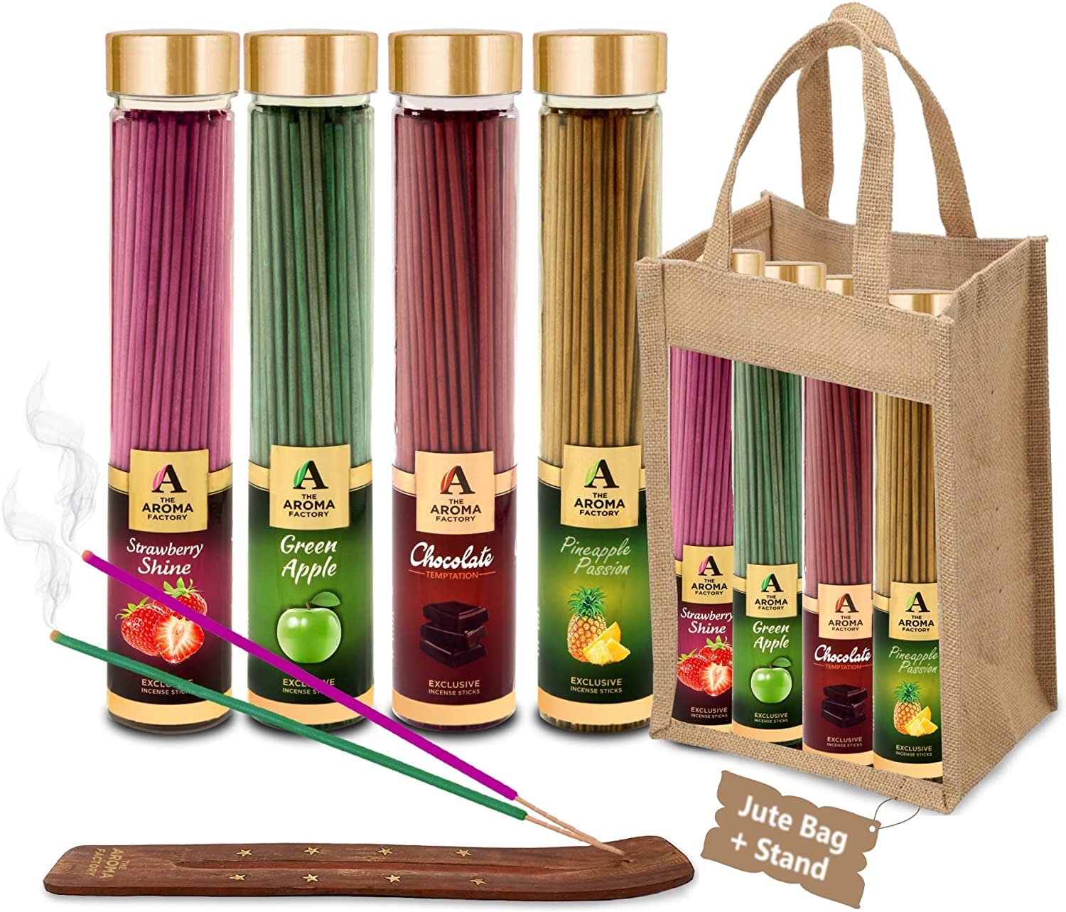 The Aroma Factory Organic Incense Sticks Natural Aromatic Fragrances | Charcoal Free| Non Toxic | Hand Made Herbal Pooja Agarbatti, Combo of 4 x 100g Jute Gift Set (Fruit Fusion)