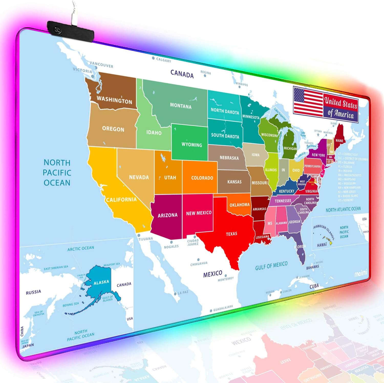 rnairni RGB Soft Gaming Mouse Pad Large, Oversized Glowing Led Extended Mousepad ，Non-Slip Rubber Base Computer Keyboard Pad Mat，31.5X 15.8in (America Map)