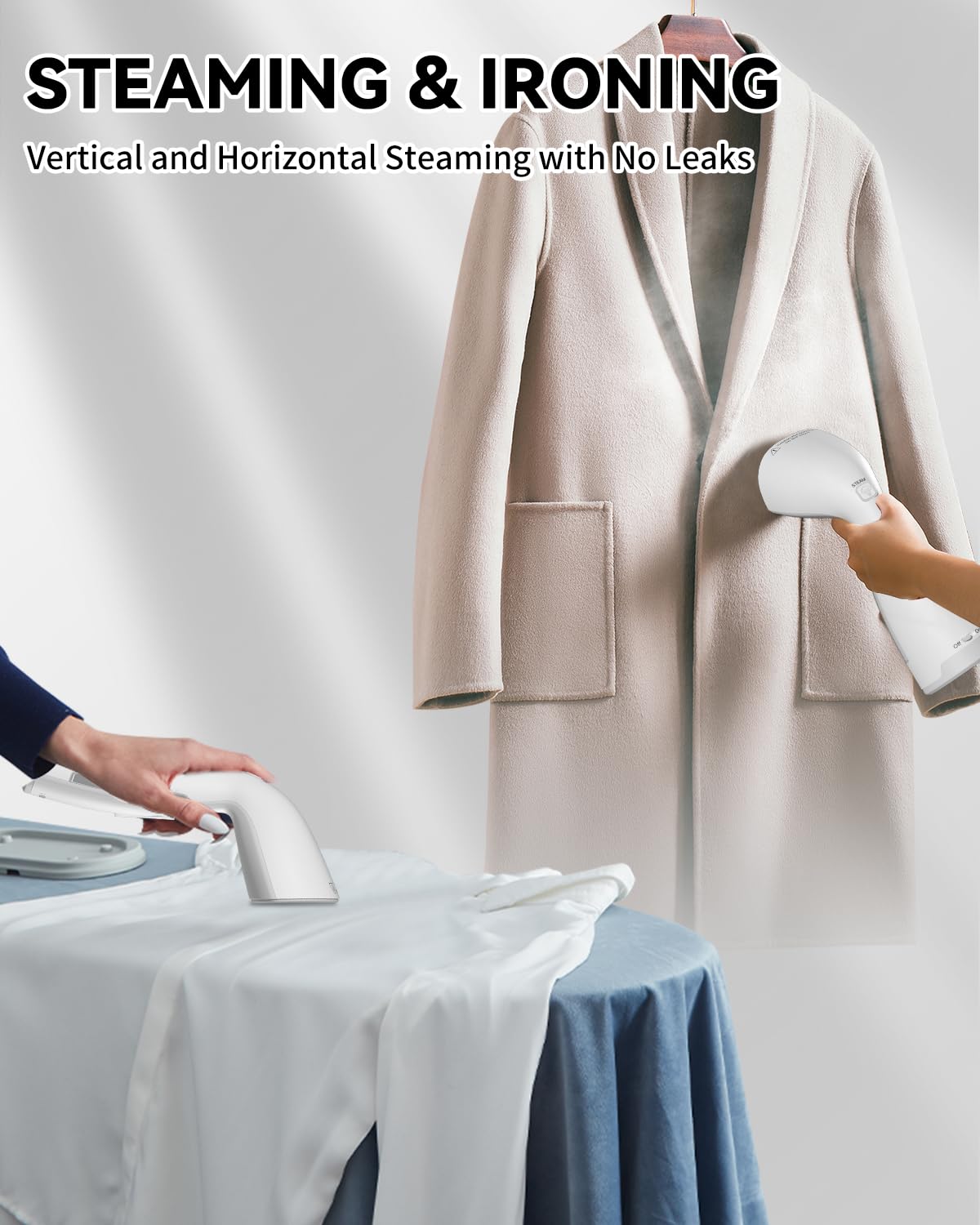 BHGOODS Steamer for Clothes Dual Voltage Travel Steamer 110V-220V for Worldwide Use, Clothes Steamer Handheld Steam Iron Travel Essentials, 1190W Quick Wrinkle Removal, Leakproof, White