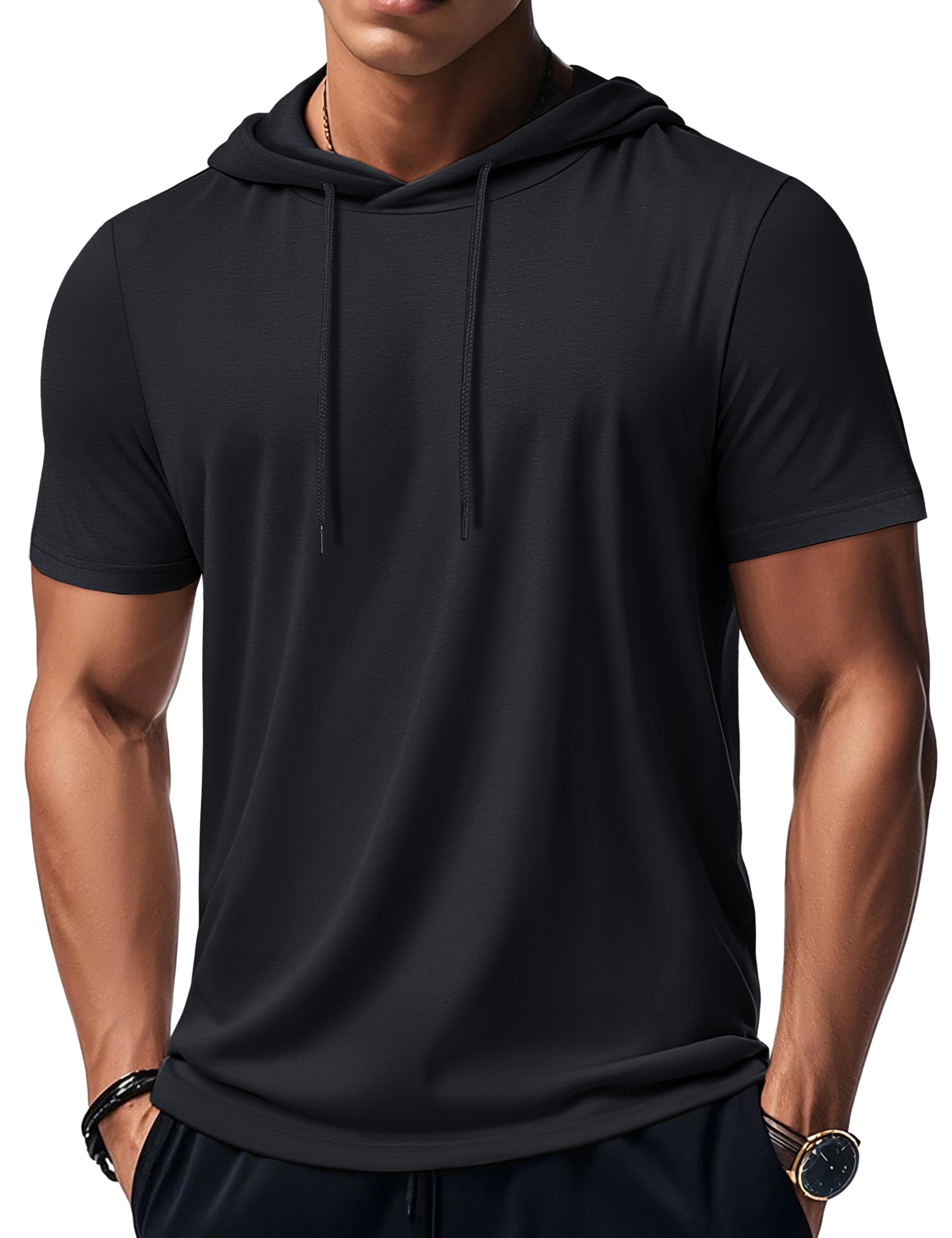 Photo 1 of MAGCOMSEN Mens Hoodie Short Sleeve Hoodies Sweatshirt Lightweight Gym Hoodie Pullover Summer Moisture Wicking T Shirts Black,2XL