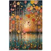 Gustav Klimt Trees And Sun Lights Canvas Printing Wall Art Prints Wall Decor Posters Colorful Abstract Forest Sunset Lake Reflection Scandinavian Bohemian Home Living Room Bedroom 16x24inch(40x60cm)