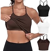 VEQKING Women Sports Bras High Neck Seamless Ribbed Longline Yoga Tank Tops with Built in Bra, 3 Pack