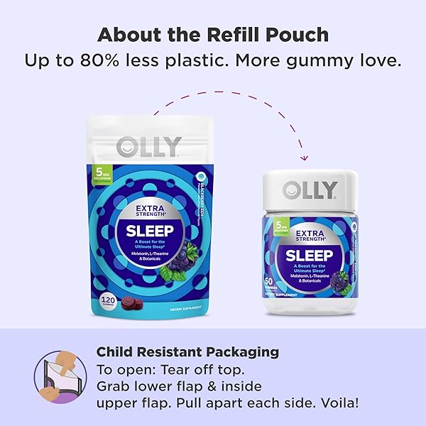 OLLY EXTRA STRENGTH SLEEP GUMMY, OCCASIONAL SLEEP SUPPORT SUPPLEMENT*, 5 MG MELATONIN, L-THEANINE, BLACKBERRY ZEN FLAVOR, 60 DAY SUPPLY – 120 COUNT (PACKAGING MAY VARY)
