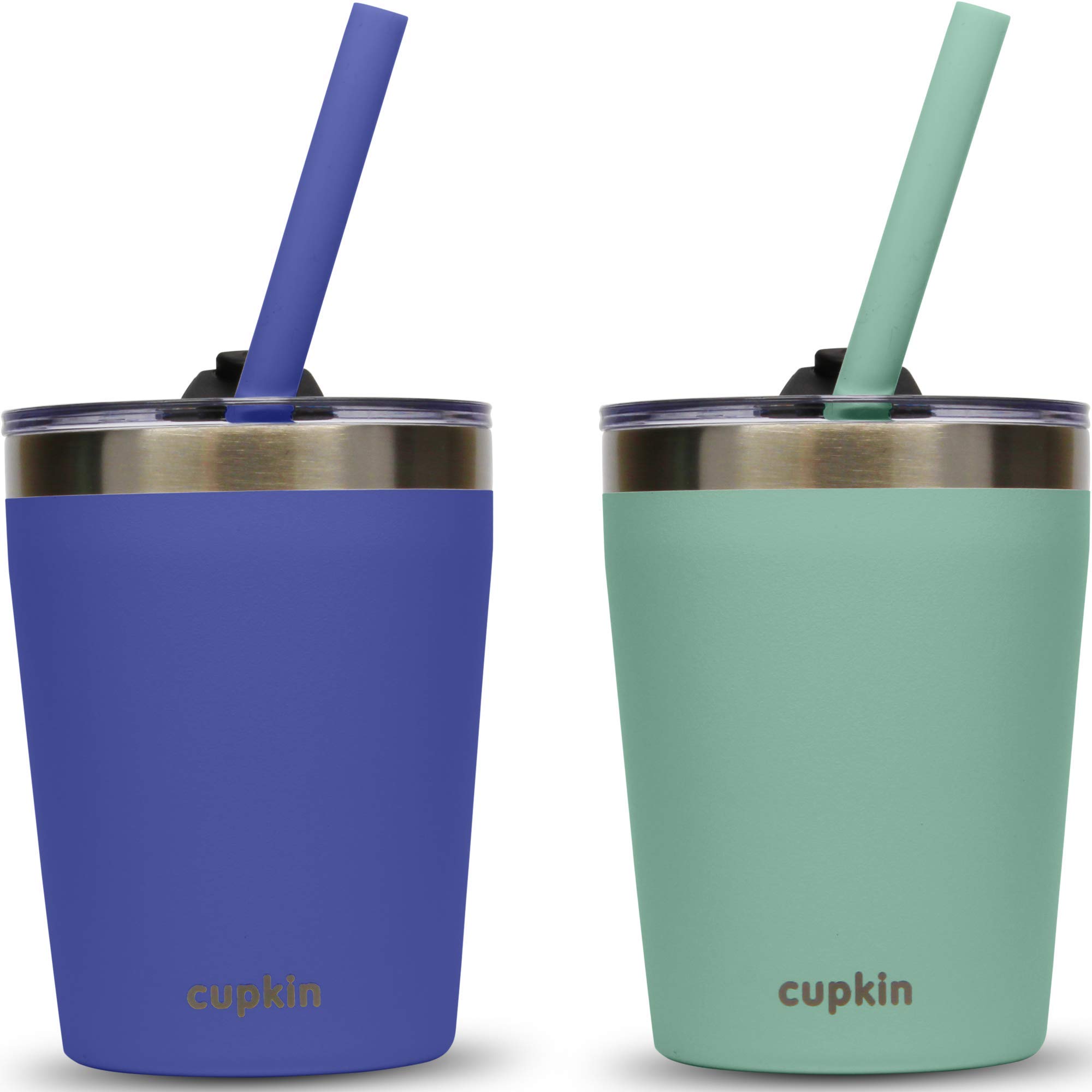 CUPKINSippy Cup for 1 Year Old, The Original Stackable 8 oz Stainless Steel Tumbler, Set of 2 Powder Coated Insulated Straw Cup + BPA Free Lids + Food Grade Reusable Silicone Straws (Cobalt + Mint)