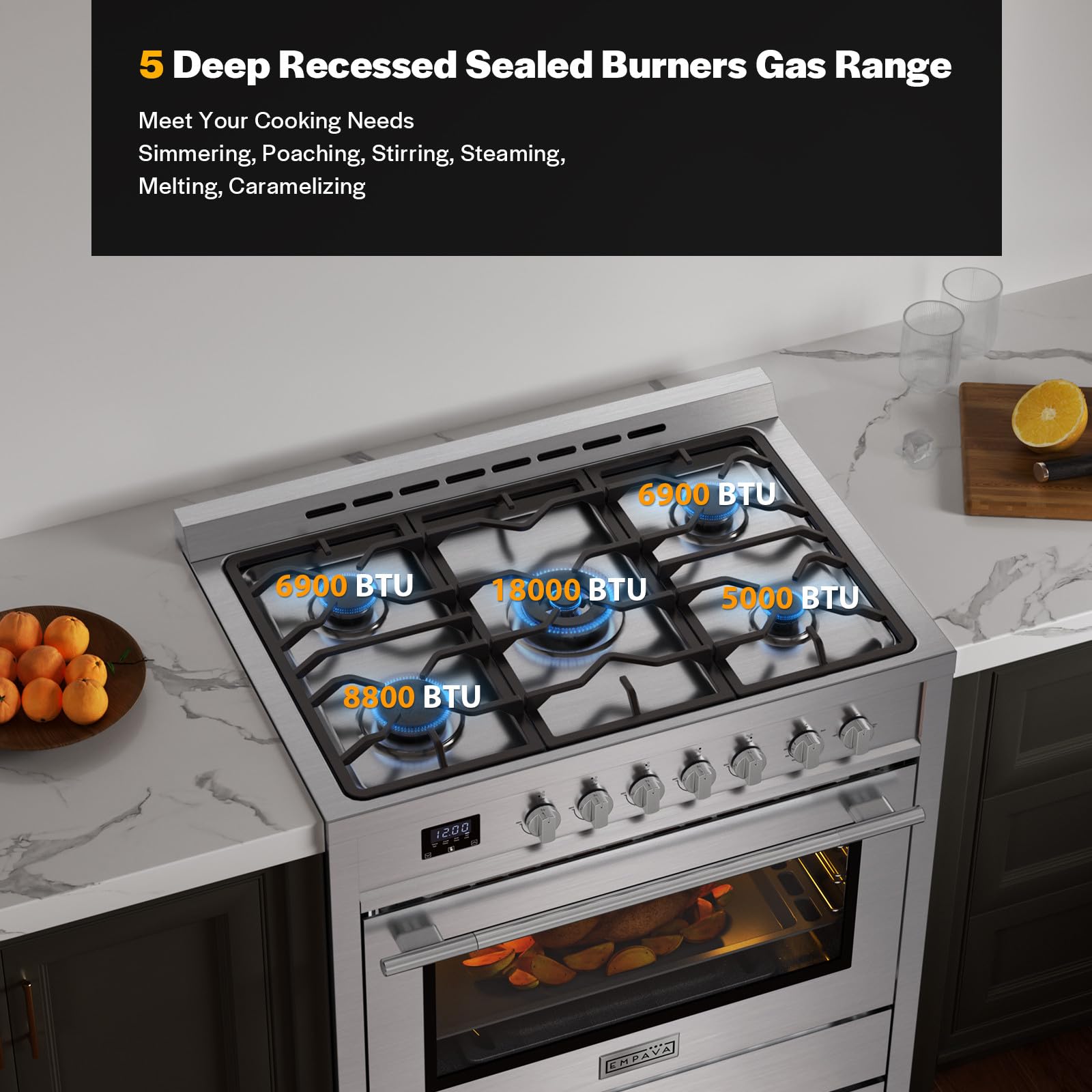 Empava Gas Range, 4.3 Cu. Ft Convection Oven with Touch Timer, 5 Deep Recessed Burners Cooktop, Heavy Duty Continuous Grates in Stainless Steel, Freestanding & Slide-in Stove,36 Inch