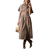 calbatic Women Striped Button Down Pleated Shirt Dress Summer Short Sleeve Ruffle A Line Swing Long Blouse Midi Long Dress