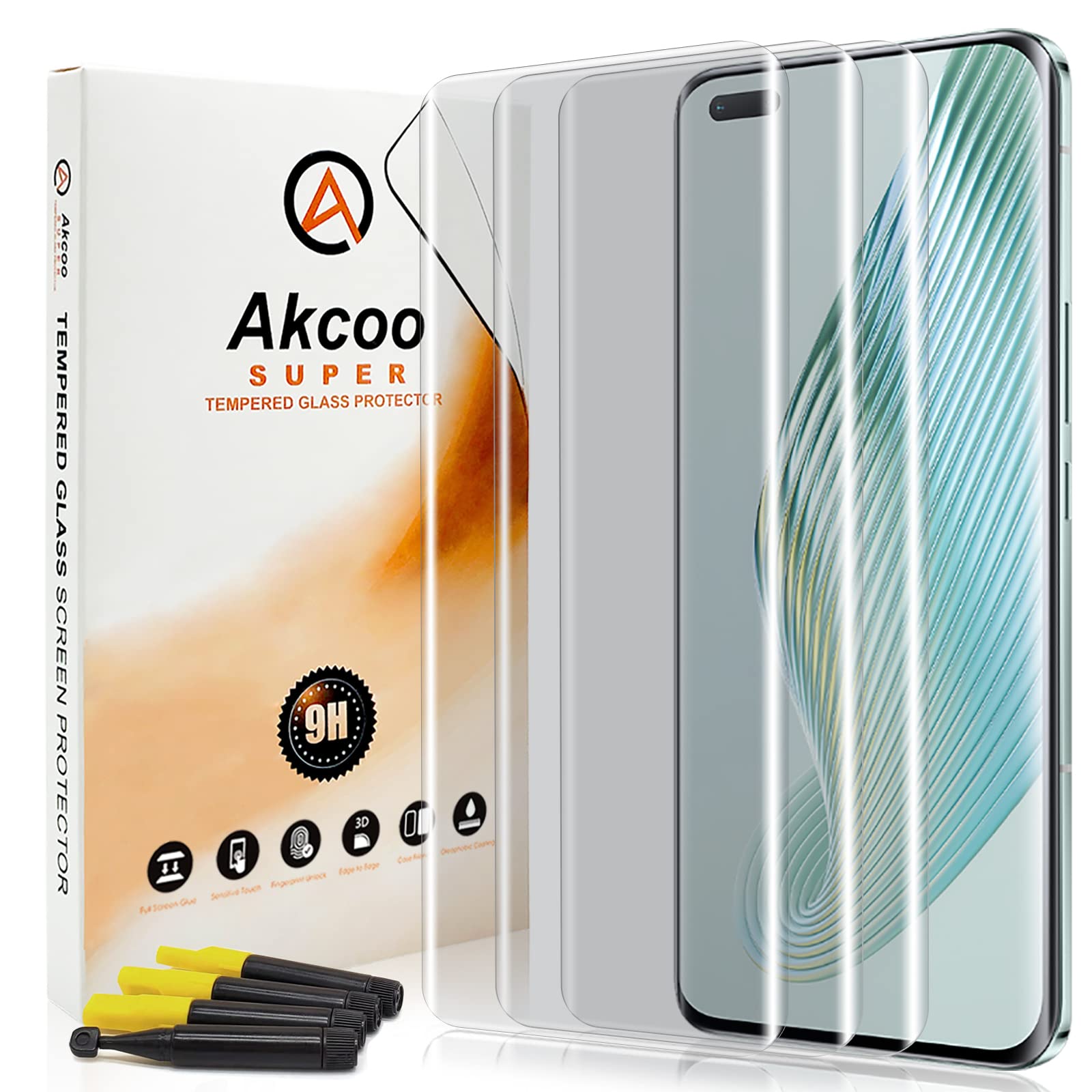 Akcoo Screen Protector for Honor Magic5 Pro,Tempered Glass (UV Set) -3 Pack,Edge to Edge Full Coverage,Sensitive Touch,Anti-Scratch,Fingerprint Resistant