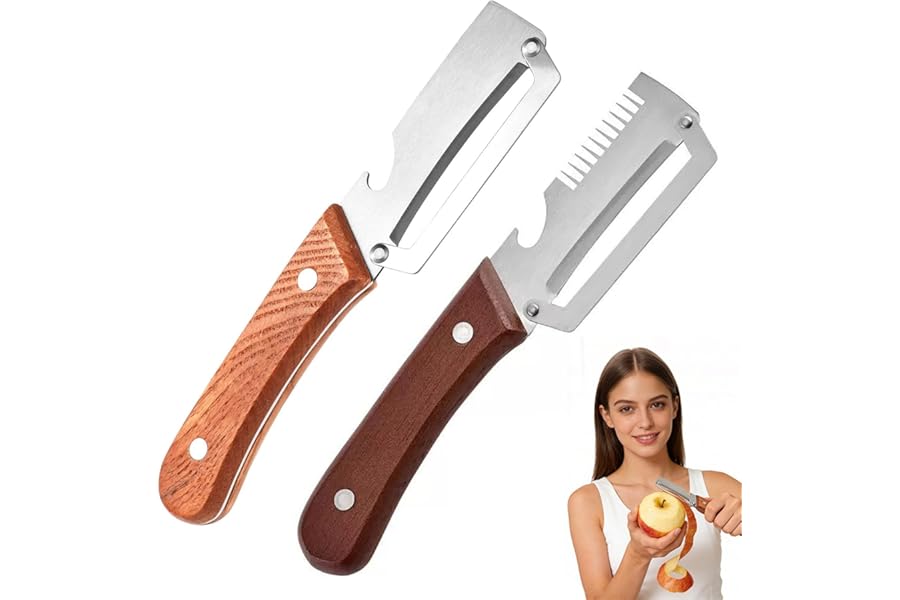 Roselli Wooden-Handled Stainless Steel Shredder and Peeler, Multifunctional Vegetable Peelers for Kitchen, Stainless Steel Peeler Knife with Wooden Handle & Bottle Opener (Shredder/Paring knife)