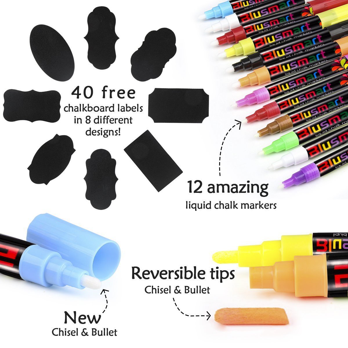 Chalk Markers, Blusmart 12 pack Colorful Erasable Glass Window Pens with 40 Chalkboard Labels, Reversible Tips 6mm+3mm, Children Friendly