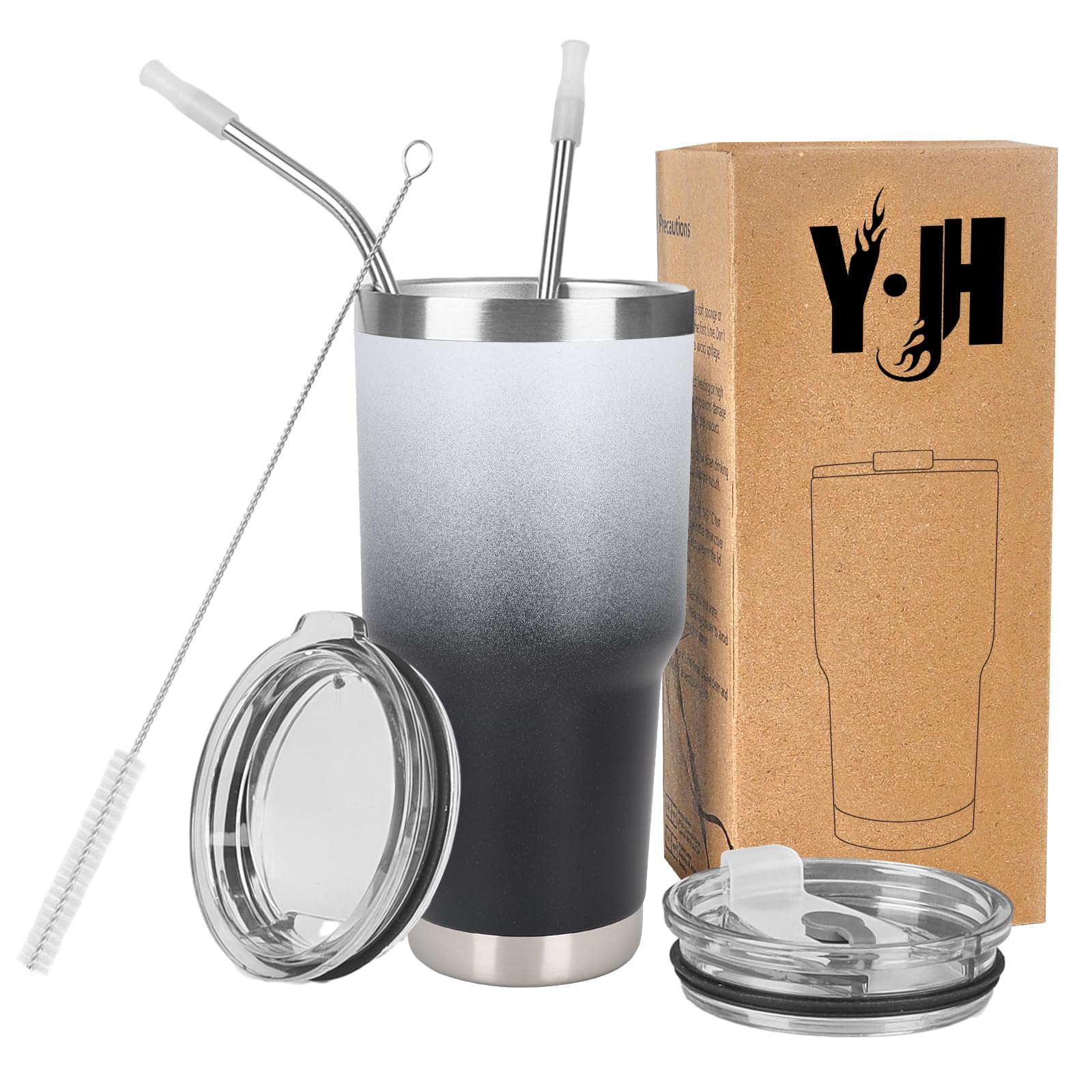 Y·J&H 30oz (850ml) Travel Tumbler Double Wall Vacuum Insulated Coffee Mug Stainless Steel Coffee Cup with 2 Splash Proof Lid, 2 Straws & Free Cleaning Brush, BPA Free - White&Black