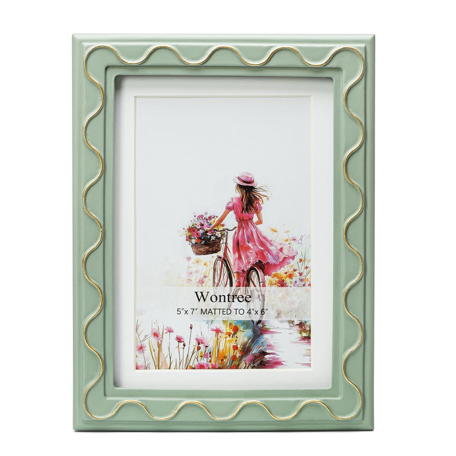 Photo 1 of Wontree 5x7 Picture Frame, Shinning Gold Swirls Against Sage-like Green, Resin Frame with Real Glass, Display 5x7 Photos Matted to 4x6, Vertical and Horizontal Desk Tabletop or Wall Hanging