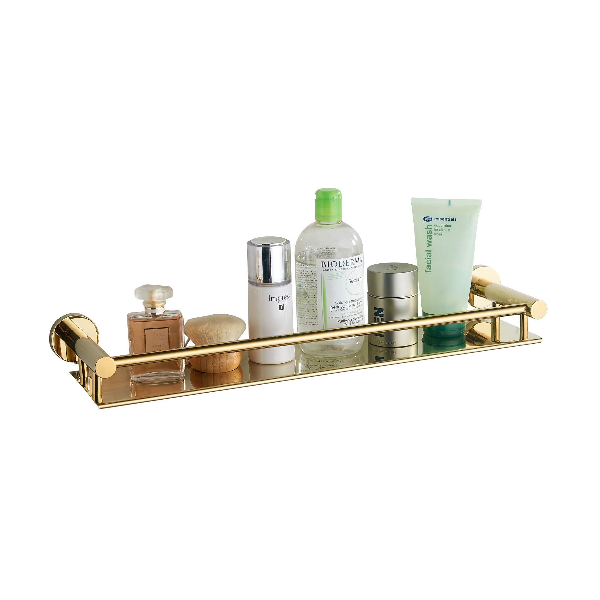 bgl Polished Gold Bathroom Shelf Wall Mounted – Shiny Rustproof Shower Storage Rack with Guard Rail, Luxury Bathroom Organiser for Shampoo, Toiletries & Bottles