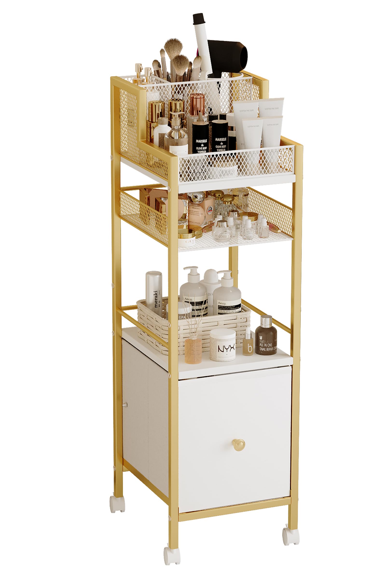 Photo 1 of Makeup Organizer Storage Cart with Drawers, Large Floor Makeup Skincare Organizers, Rolling Makeup Cart Vanity Organizer Cosmetics Display Cases Holder for Nail Polish Brush Hair Tool?Gold?