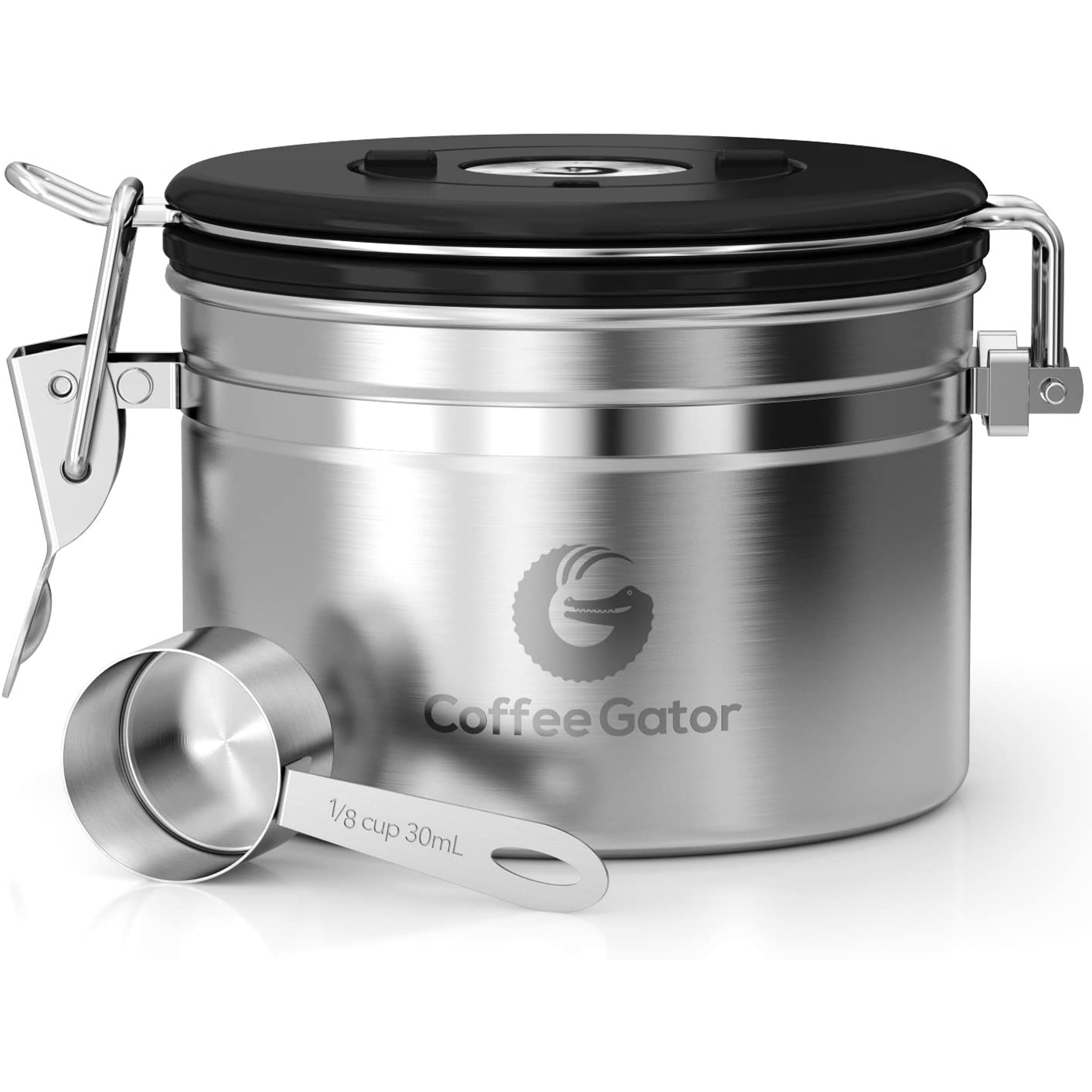 Coffee Gator Coffee Canister Airtight 900 mL, Stainless Steel Kitchen Food Storage Container with Date Tracker, CO2 Valve, Scoop for Grounds Coffee, Beans,Tea, Sugar, Flour, Snacks