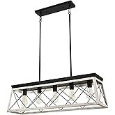 Luupyia Farmhouse Rectangular Chandelier Rustic, 5-Lights Kitchen Island Lighting, Linear Island Light Fixture Farmhouse Pend