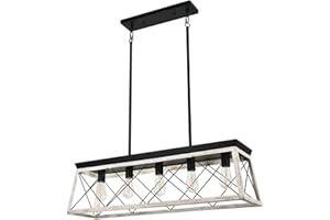 Luupyia Farmhouse Rectangular Chandelier Rustic, 5-Lights Kitchen Island Lighting, Linear Island Light Fixture Farmhouse Pendant Lighting Fixtures for Dining Room Pool Table Beige