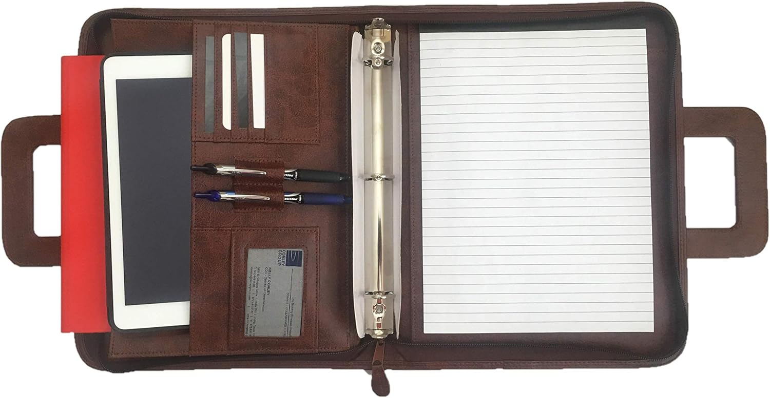 Brown Professional Business Padfolio Portfolio Briefcase Style Tablet Holder Organizer Folder with Handles Notepad and 3 Ring Binder - Synthetic Leather- Best Office Solutions
