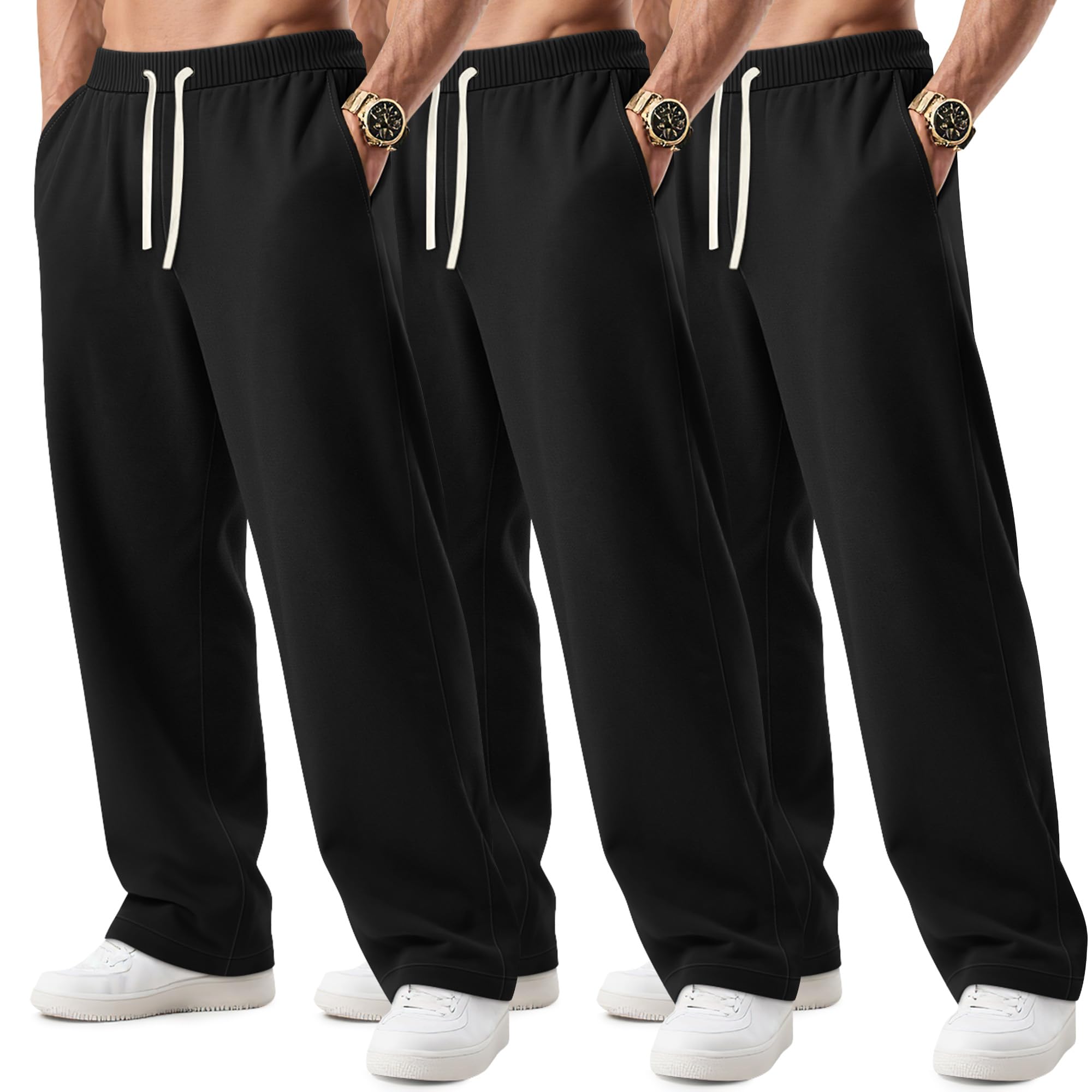 Photo 1 of **MISSING ONE**
August Alley 3 Pack Big and Tall Men's Sweatpants Open Bottom Athletic Pants Drawstring Elastic Waist with Pockets(Black, Black, Black,X-Large)