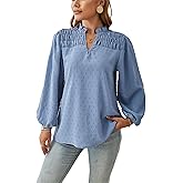 Pantete Womens Fall Tops Smocked Swiss Dot Long Puff Sleeve Blouses V Neck Flowy Shirts for Work Trendy Feminine