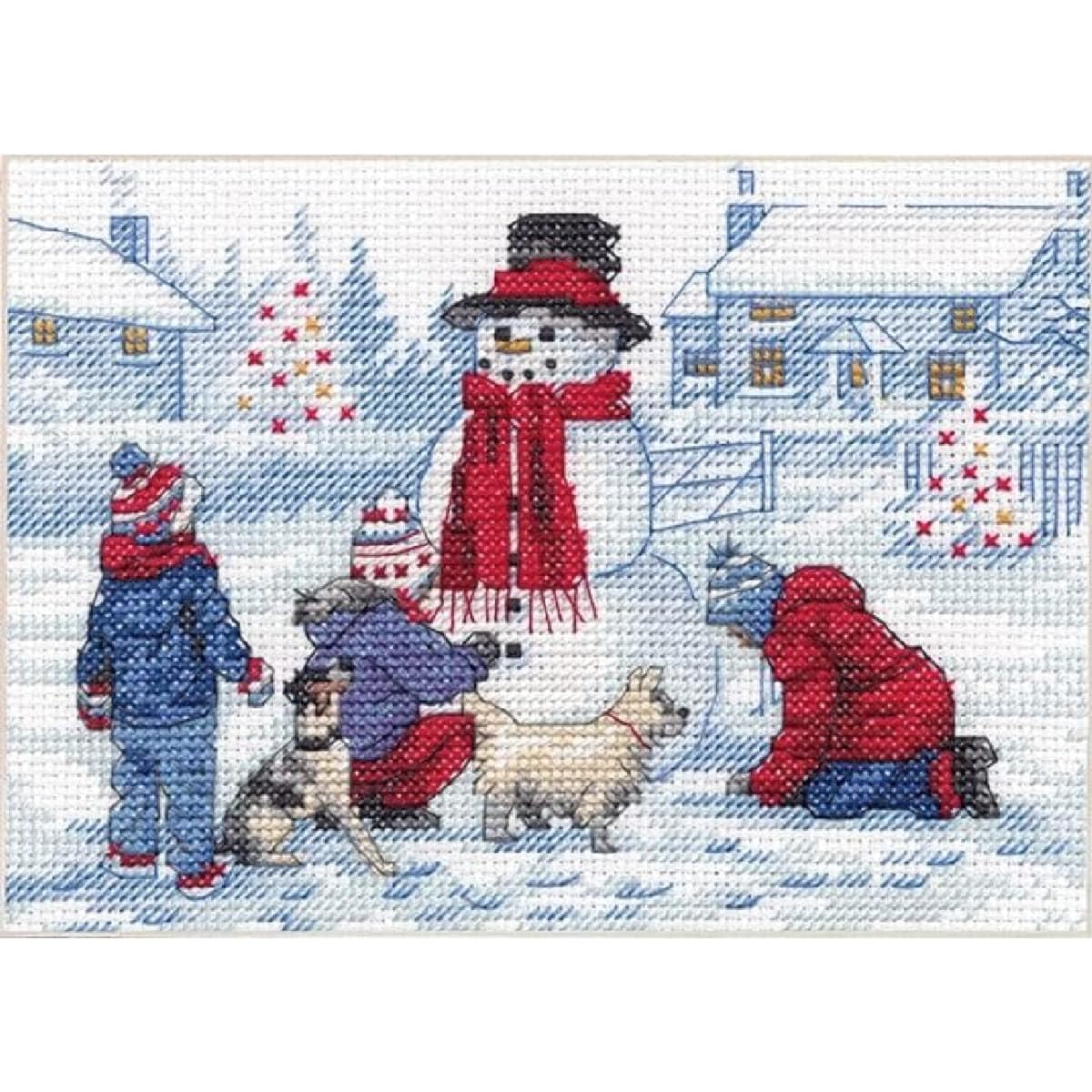 Dimensions 70-08993 Building a Snowman Embroidery Christmas Cross Stitch Kit, 7" x 5", 14 Count White Aida, Multicolor