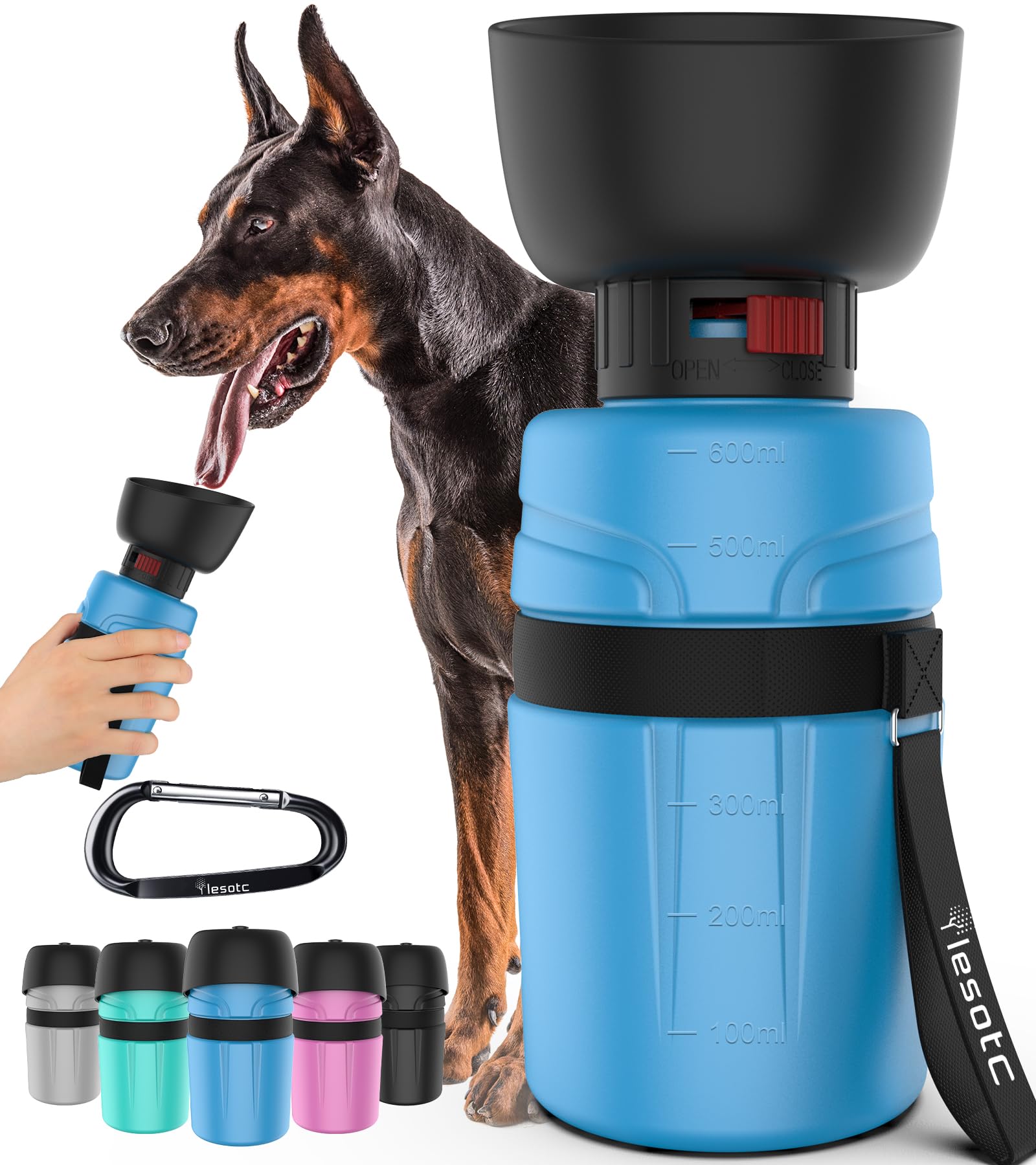 lesotc Dog Water Bottles, Dog Water Bottles Travel, Portable Dog Water Bottle, BPA Free (600ml-2nd Gen Upgraded Blue)