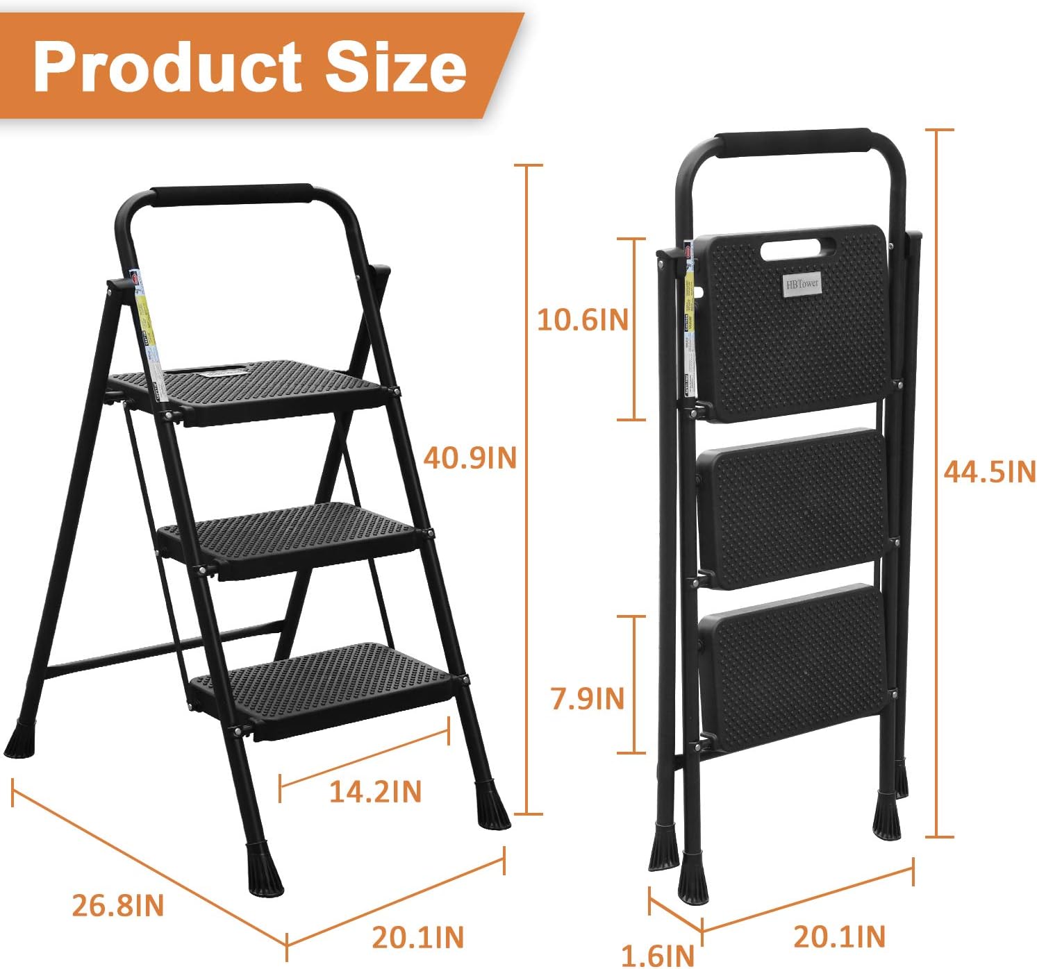 HBTower 3 Step Ladder, Folding Step Stool with Wide Anti-Slip Pedal, 500lbs Sturdy Steel Ladder, Convenient Handgrip, Lightweight, Portable Steel Step Stool, Black - - 