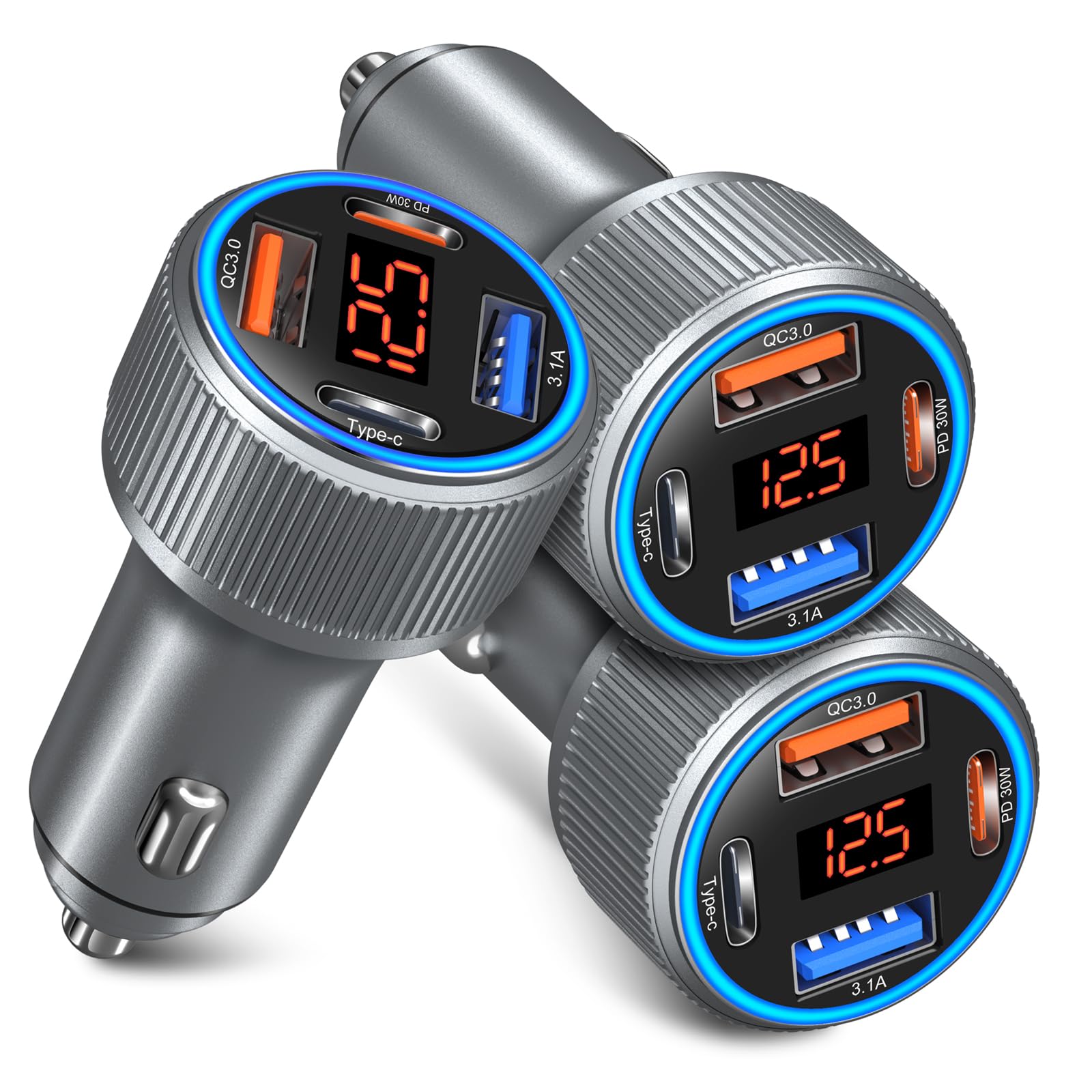 USB C Car Charger, 3 Pack 65W 12V Car Charger Adapter Multi Port QC 3.0+PD 30W Super Fast Cigarette Lighter Adapter Plug with Voltage Meter for iPhone 16/15/14/13/12/11 Pro Max,Samsung,Android(Gray)