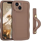 GUAGUA Compatible with iPhone 14 Case 6.1 Inch Cute Curly Wave Shape iPhone 14 Phone Case with Adjustable Wristband Kickstand Slim Soft TPU Shockproof Protective Strap Case for iPhone 14, Brown