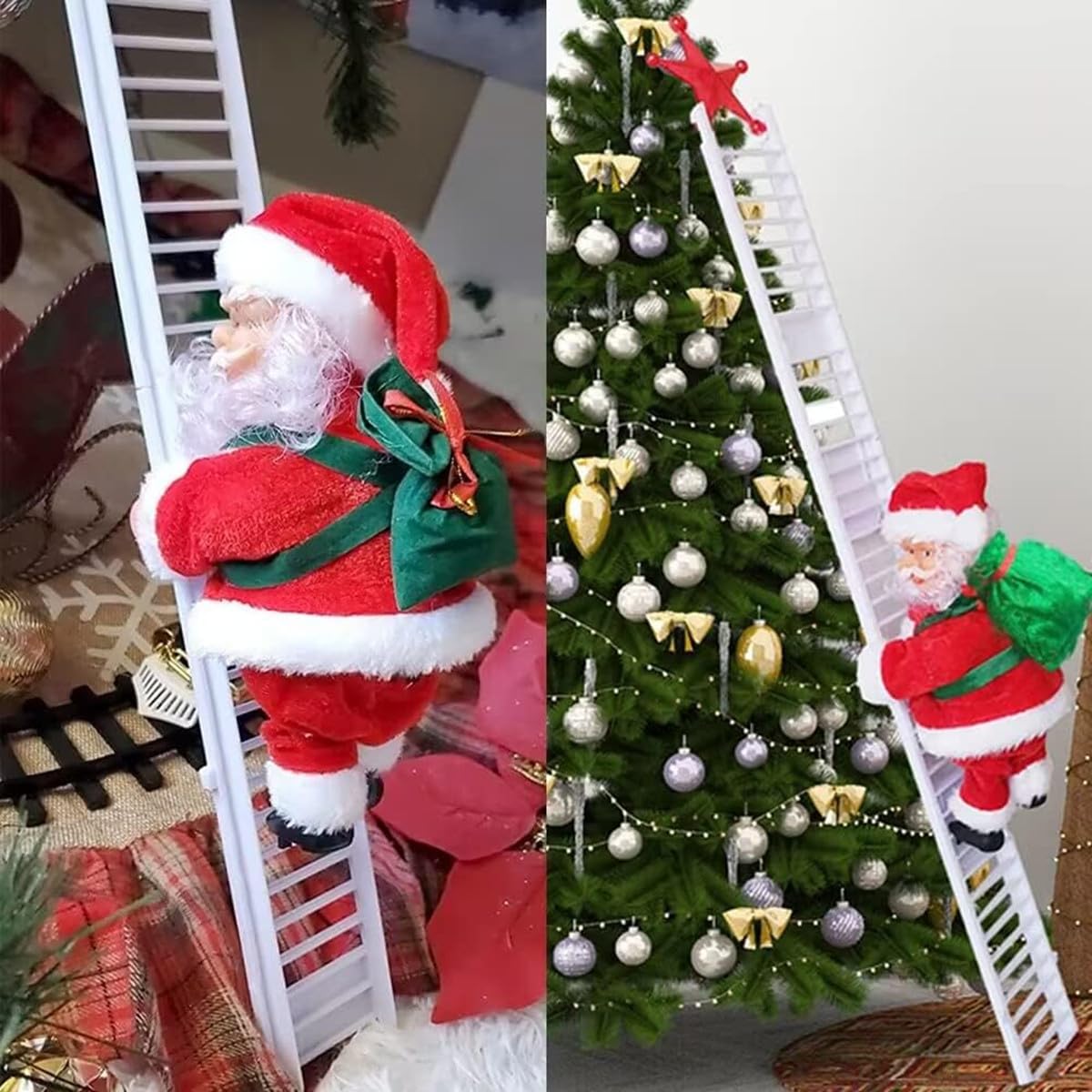 Photo 1 of Climbing Santa Ladder Electric Santa Claus Climbing Ladder Up and Down Creative Plush Santa Claus Figure with Bag Musical Moving Santa Indoor Outdoor Xmas Tree Hanging Ornaments for Party Home Decor