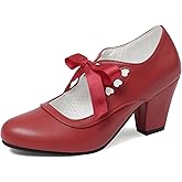 Erocalli Women's Mary Jane Pumps Chunky Block Shoes Heart Hollow Adorable Vintage Shoes Unique Round Toe Lace Up