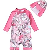 Toddler Baby Girls Swimsuit One-Piece Zipper Swimwear UPF 50+ Sun Protection Bathing Suit with Hat