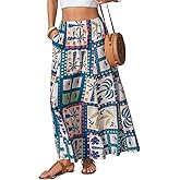 EXLURA Womens Summer Elastic Waist Floral Print Maxi Long Skirt Midi Flowy Skirt Spring Boho Beach Vacation Outfits Pockets