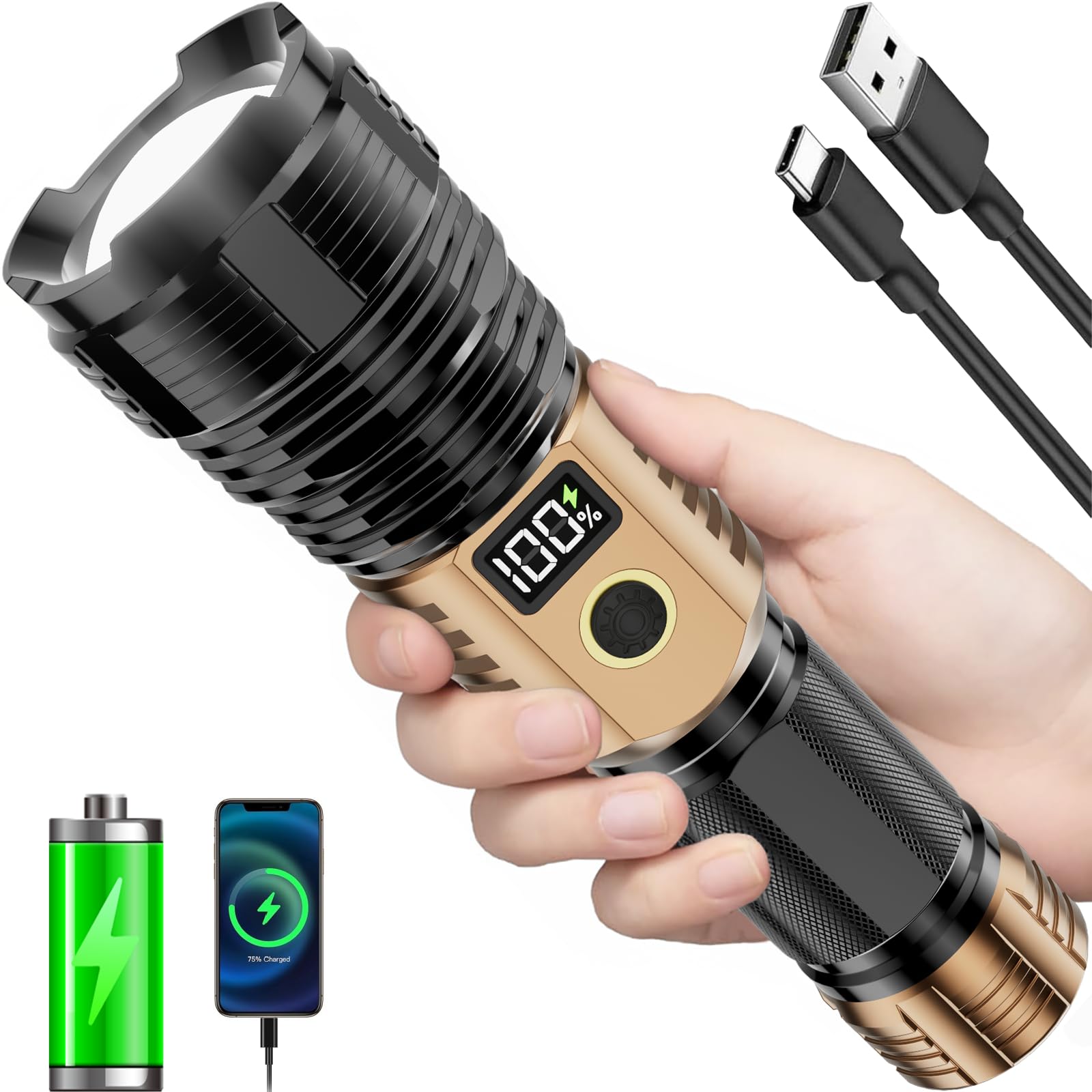 Flashlights High Lumens Rechargeable, LED Super Bright Flash Light Long Beam, Zoomable Linternas with LCD Digital Display, 5 Mode, Waterproof, Powerful Tactical Flashlight for Emergencies Camping Gift Image