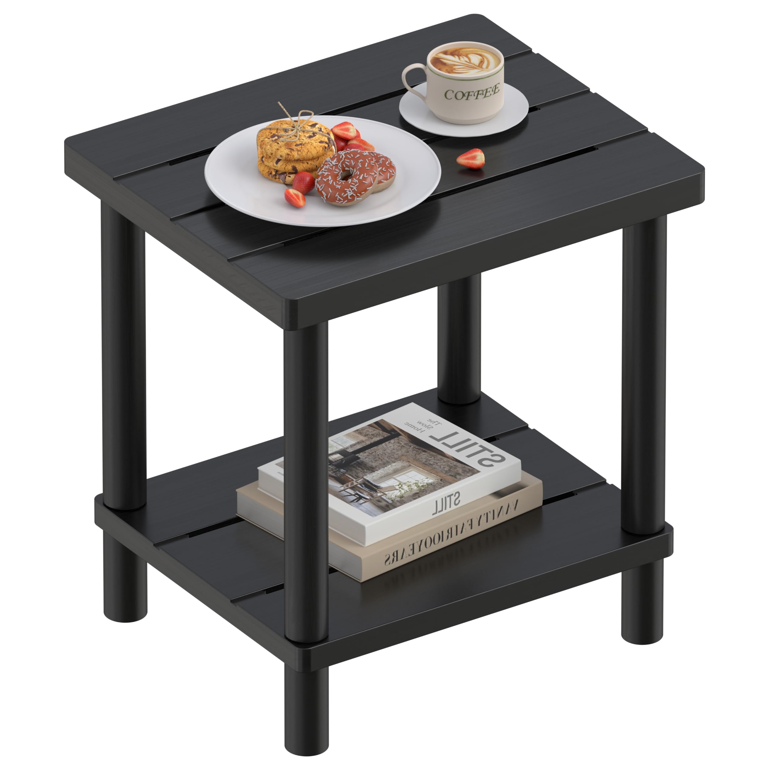 Photo 1 of LEJANEOYE Outdoor Side Table, 2-Tier Small Outdoor Table for Patio, Adirondack Side Tables for Outside or Indoor, Bamboo End Table for Pool, Porch, Weather Resistant Easy Maintenance-Black