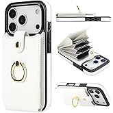 Folosu Compatible with iPhone 17 Pro Case Wallet with Card Holder, 360°Rotation Finger Ring Holder Kickstand, RFID Blocking Leather Protective Double Buttons Shockproof Cover 6.3 Inch White