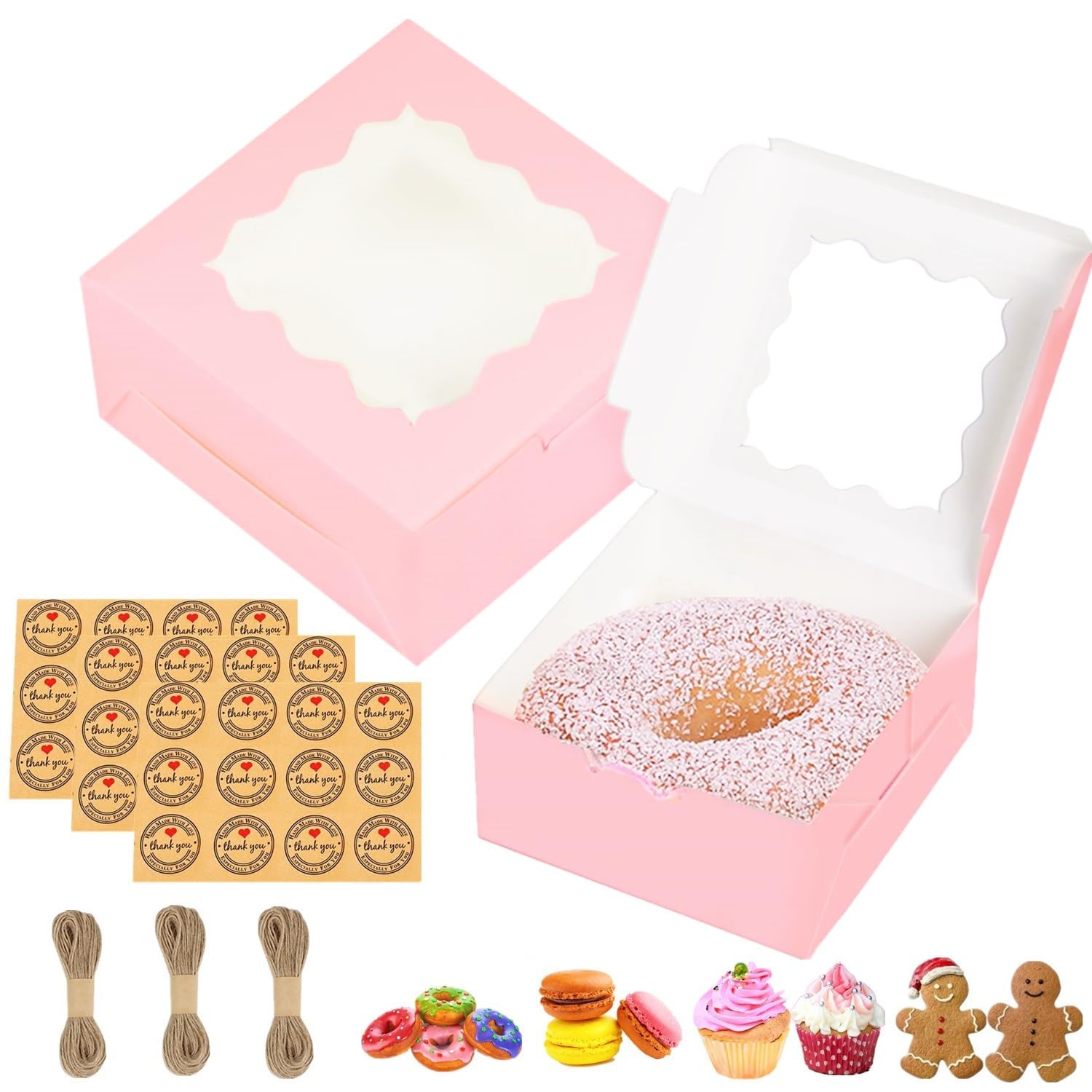 GUIFIER 30 PCS Bakery Boxes with Window 6x6x3 Inches, 6 Inch Cake Boxes, Paper Cookie Boxes, Small Pie Boxes, Treat Gift Boxes for Strawberry, Cupcake, Pastry, Donuts, Dessert, Brownie (Pink)