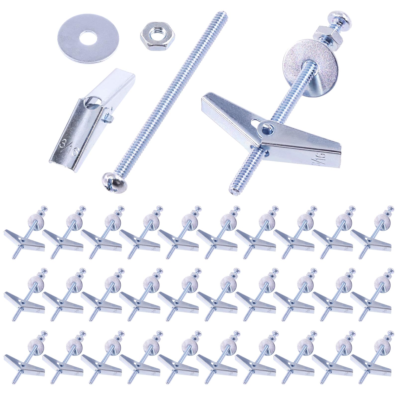 Swpeet 120Pcs-30 Set 3/16 Inch Toggle Bolts and Wing Nut Kit with Hex Nuts, Washers, Toggle Bolt Assortment Kit, Butterfly Toggle Anchors for Hanging Heavy Items on Drywall
