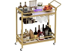 LAATOOREE Bar Cart, Two-Color Home Bar Serving Cart, Mobile Drink Beverage Cart with 2 Storage Shelves, Rolling Kitchen Cart with Wine Holder and Glass Holder, for Dinning Room, Living Room, Kitchen