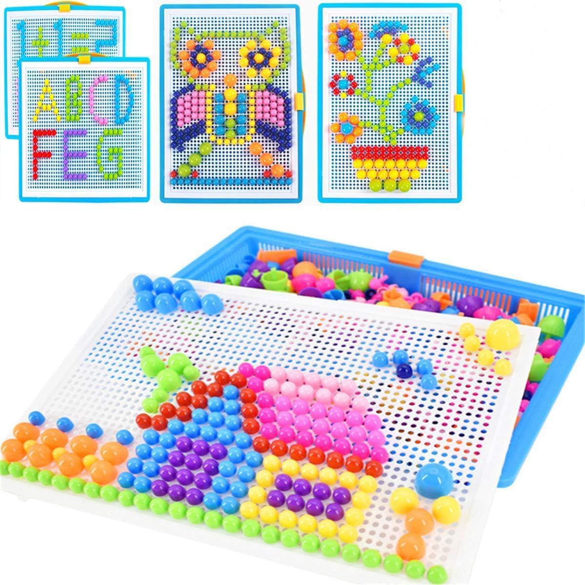 295 PCS Jigsaw Puzzle Board Mushroom Nails Pegboard Mosaic Toys Educational Intelligence Building Blocks Puzzle Toys Assorted Colour Creative DIY Christmas Birthday Gift for Kids 3-7 Years Old