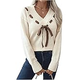 RoseSeek Women's Bowknot Front Knit Sweater V Neck Long Sleeve Pullover Sweaters Cute Tops