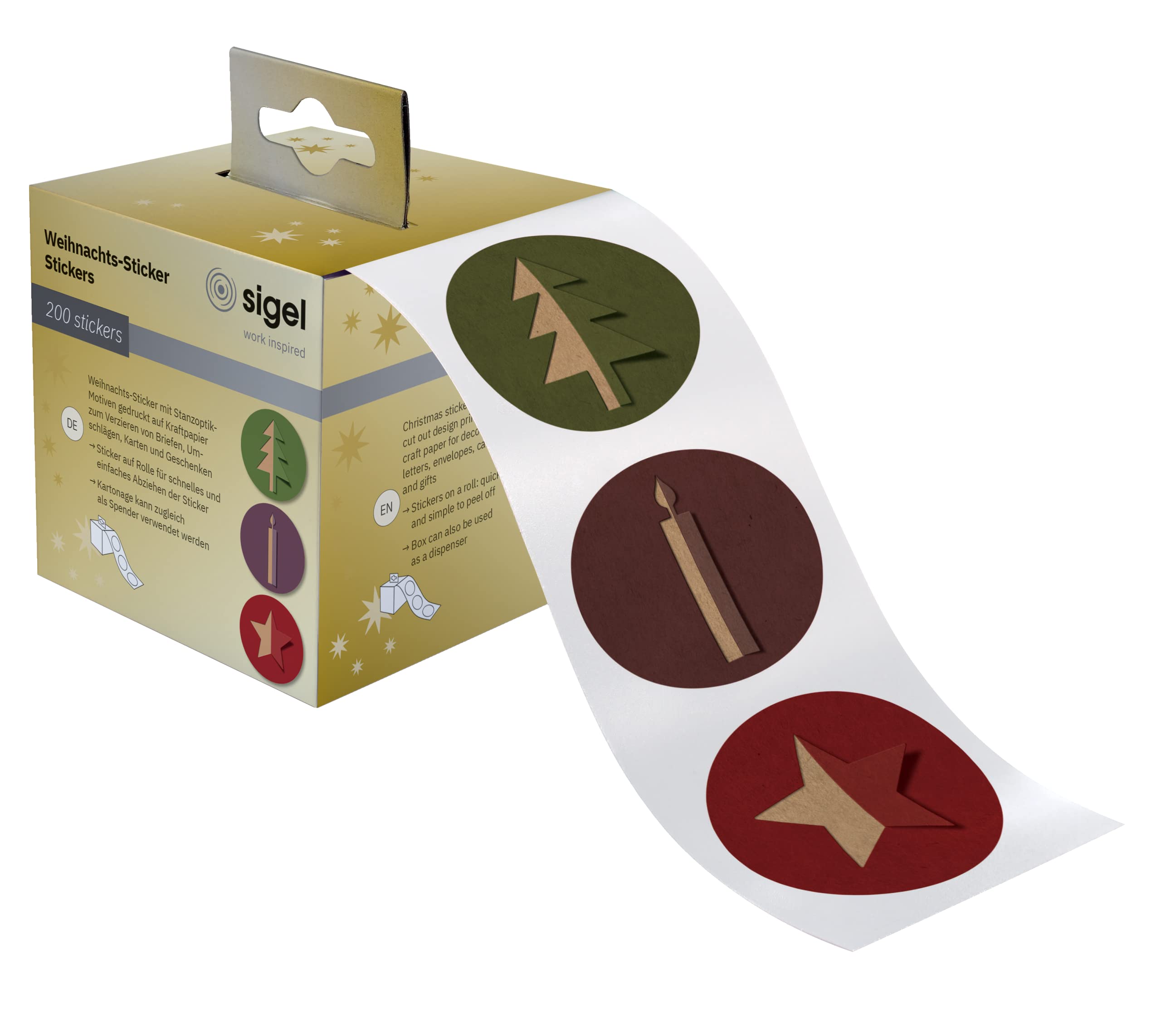 SIGEL CS122 Christmas stickers on a roll, 200 sticker, 4,7 x 4,7 cm, "Cut-out style", Green, Red, violet