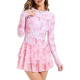Tesuwel Womens Rash Guard Long Sleeve UPF 50+ Zip Up One Piece Swimsuits with Shorts Modest Swim Dress with Built in Bra