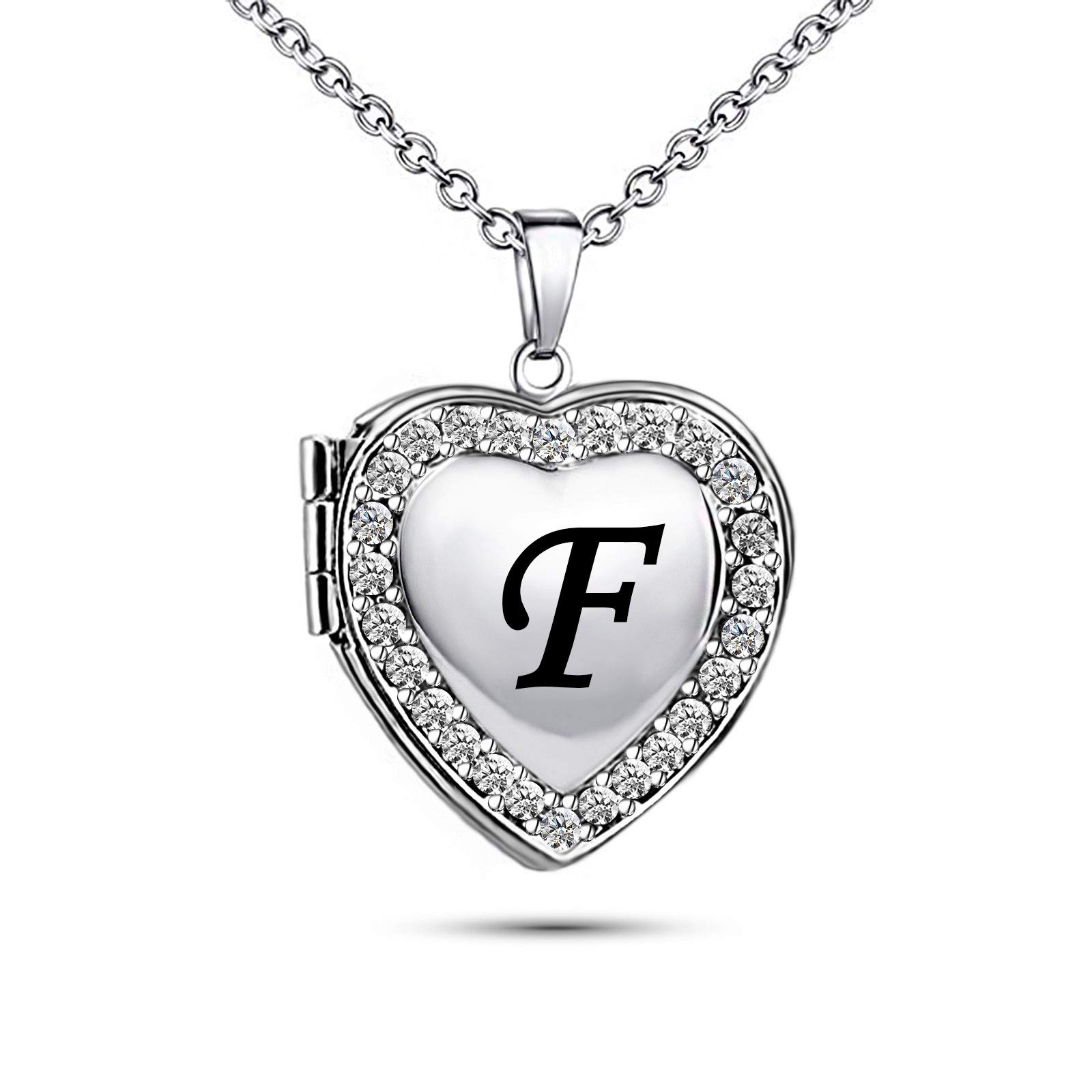 KunBead Jewelry Childrens Kids Locket Necklace for Pictures Letter F Engraved Heart Love Initial Pendant Necklace